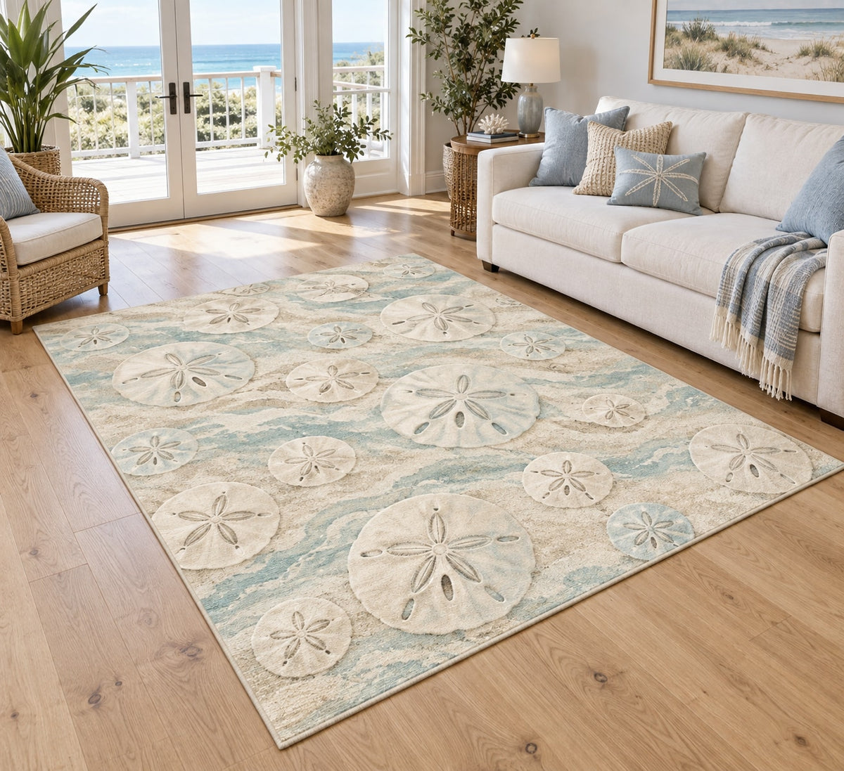 Sand Dollar Pattern Area Rug with dimensional printed themed artwork; representative AI-generated mockup.