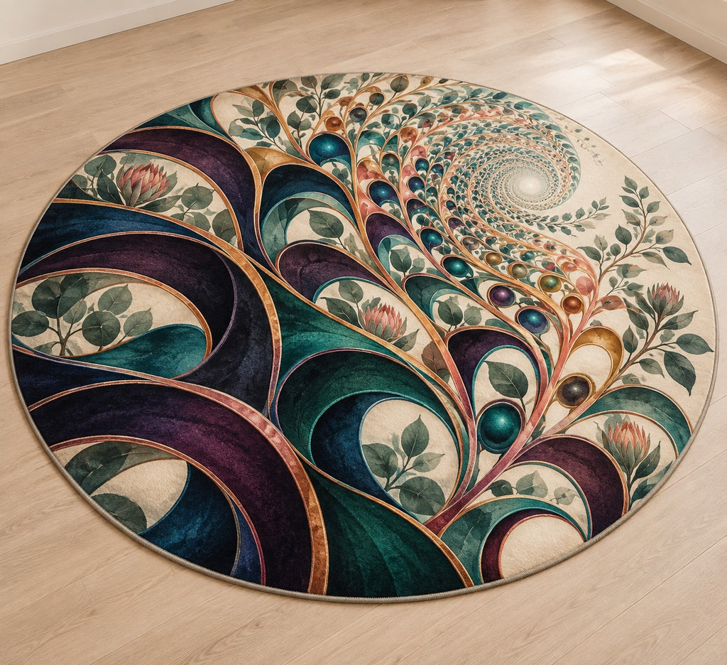 Loopflower Lattice Atrium Area Rug with dimensional printed themed artwork; representative AI-generated mockup.