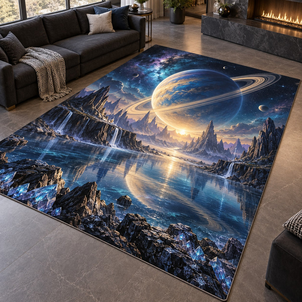Ringed Planet Area Rug with dimensional printed themed artwork; representative AI-generated mockup.