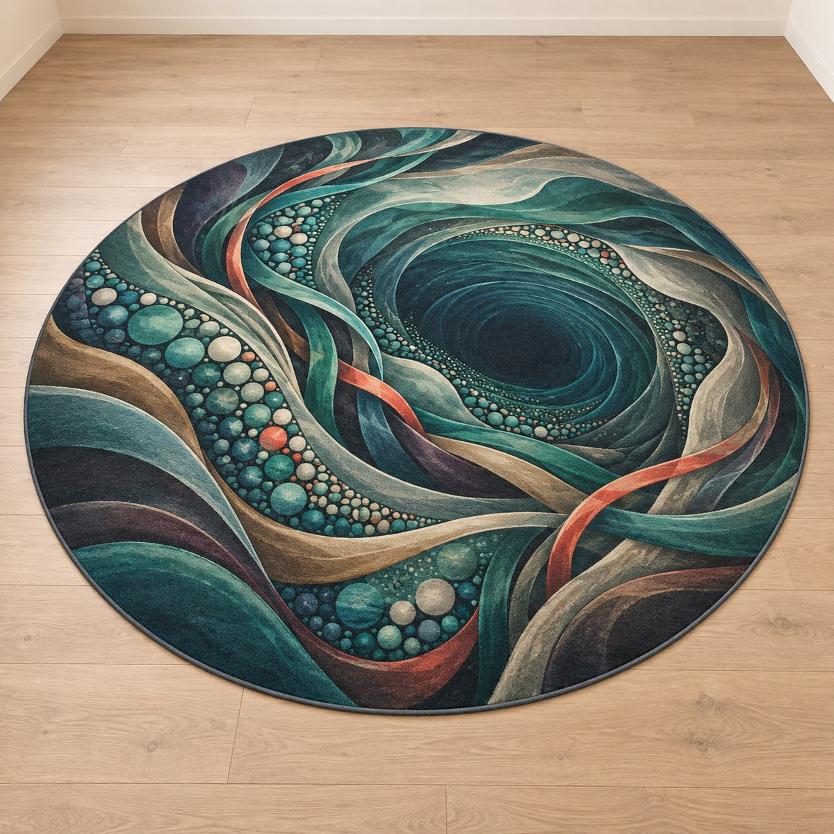 Luminous Aquascape Terraces Area Rug with dimensional printed themed artwork; representative AI-generated mockup.