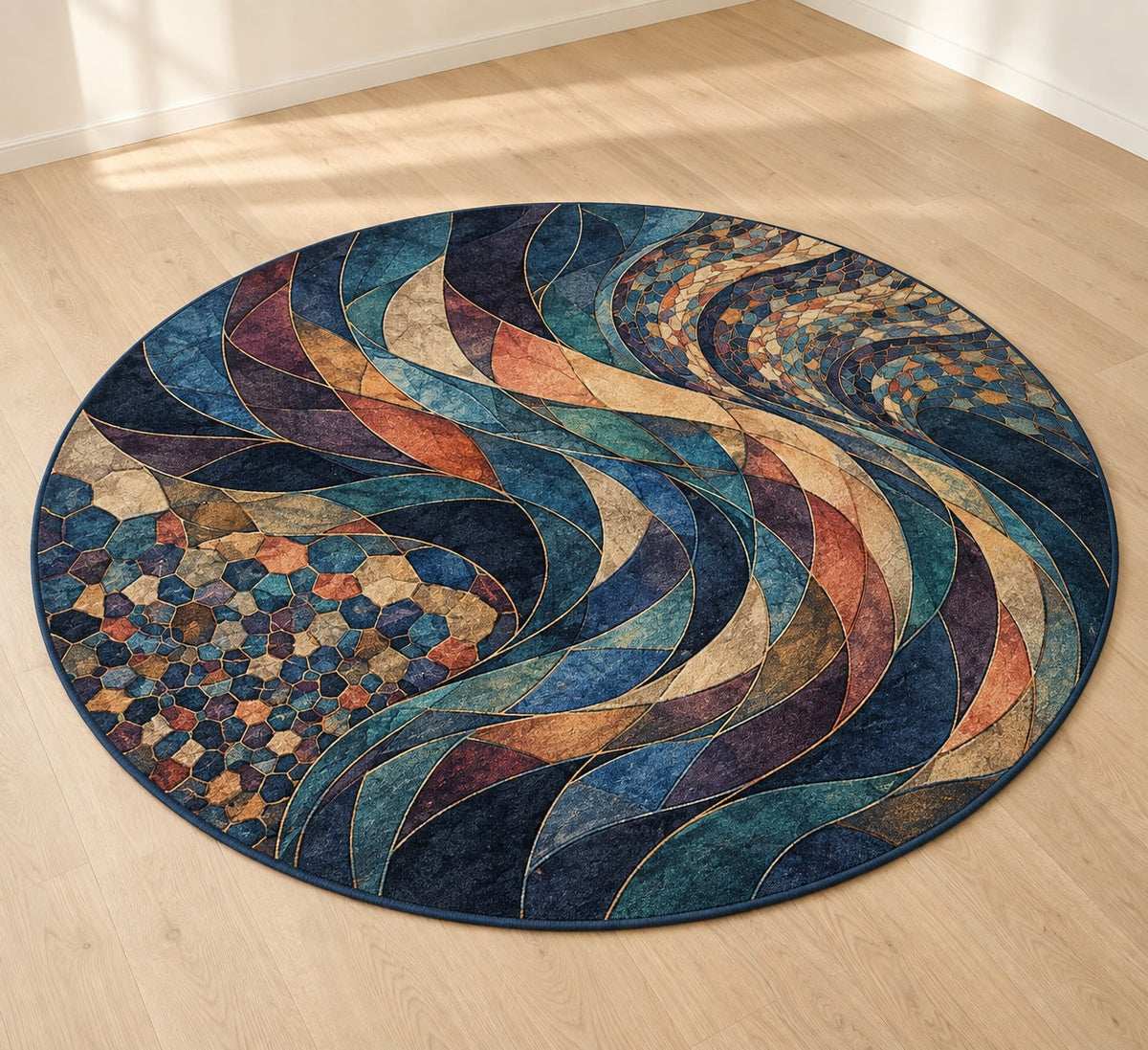 Prismatic Jigsaw Current Area Rug with dimensional printed themed artwork; representative AI-generated mockup.
