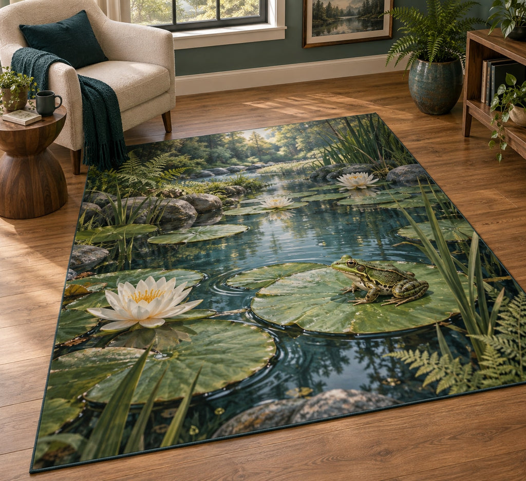 Frog Pond Area Rug with dimensional printed themed artwork; representative AI-generated mockup.