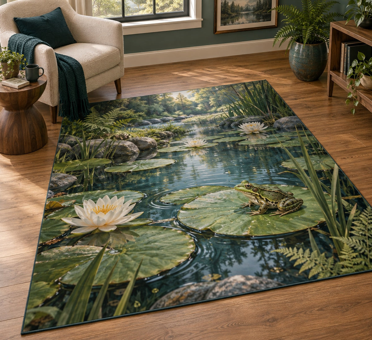 Frog Pond Area Rug with dimensional printed themed artwork; representative AI-generated mockup.