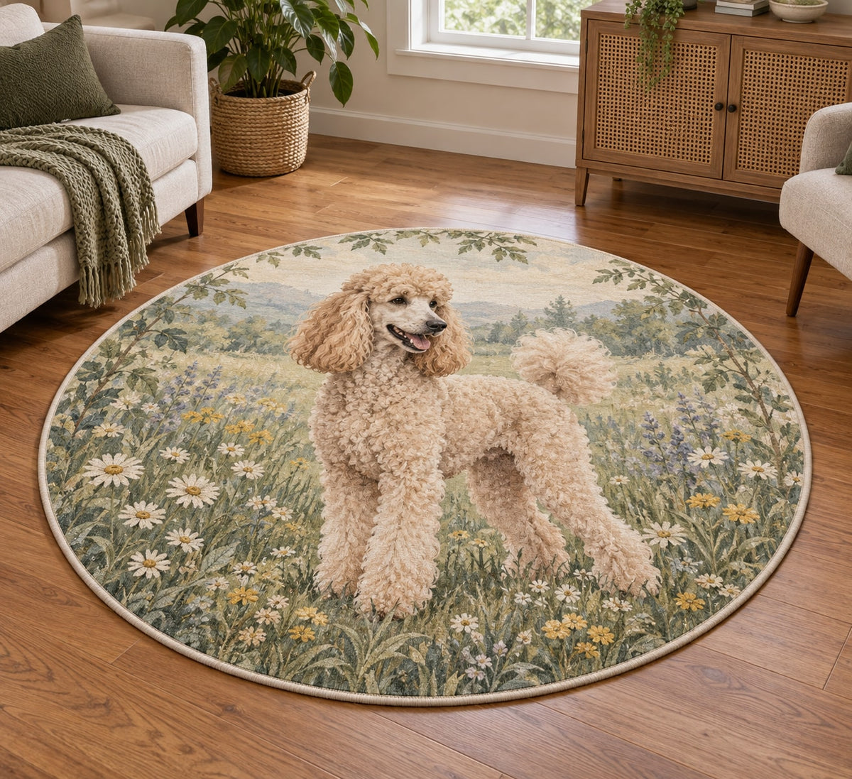 Poodle Area Rug with dimensional printed themed artwork; representative AI-generated mockup.
