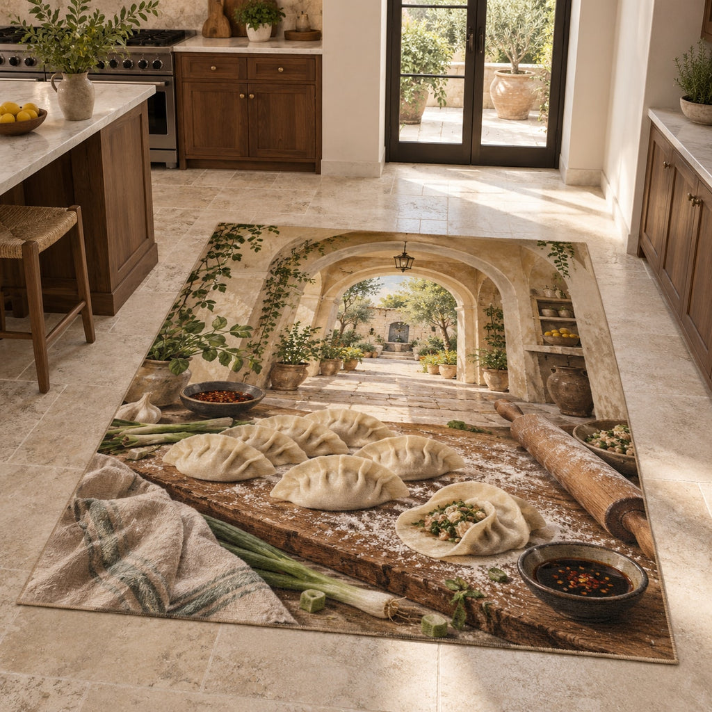 Dumpling Making Area Rug with dimensional printed themed artwork; representative AI-generated mockup.