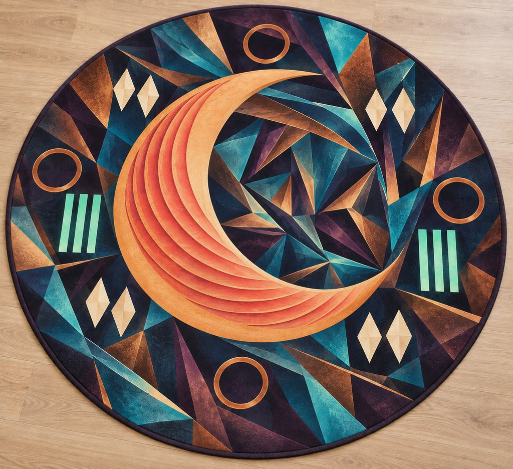 Croissant Dawn Parallax Area Rug with dimensional printed themed artwork; representative AI-generated mockup.