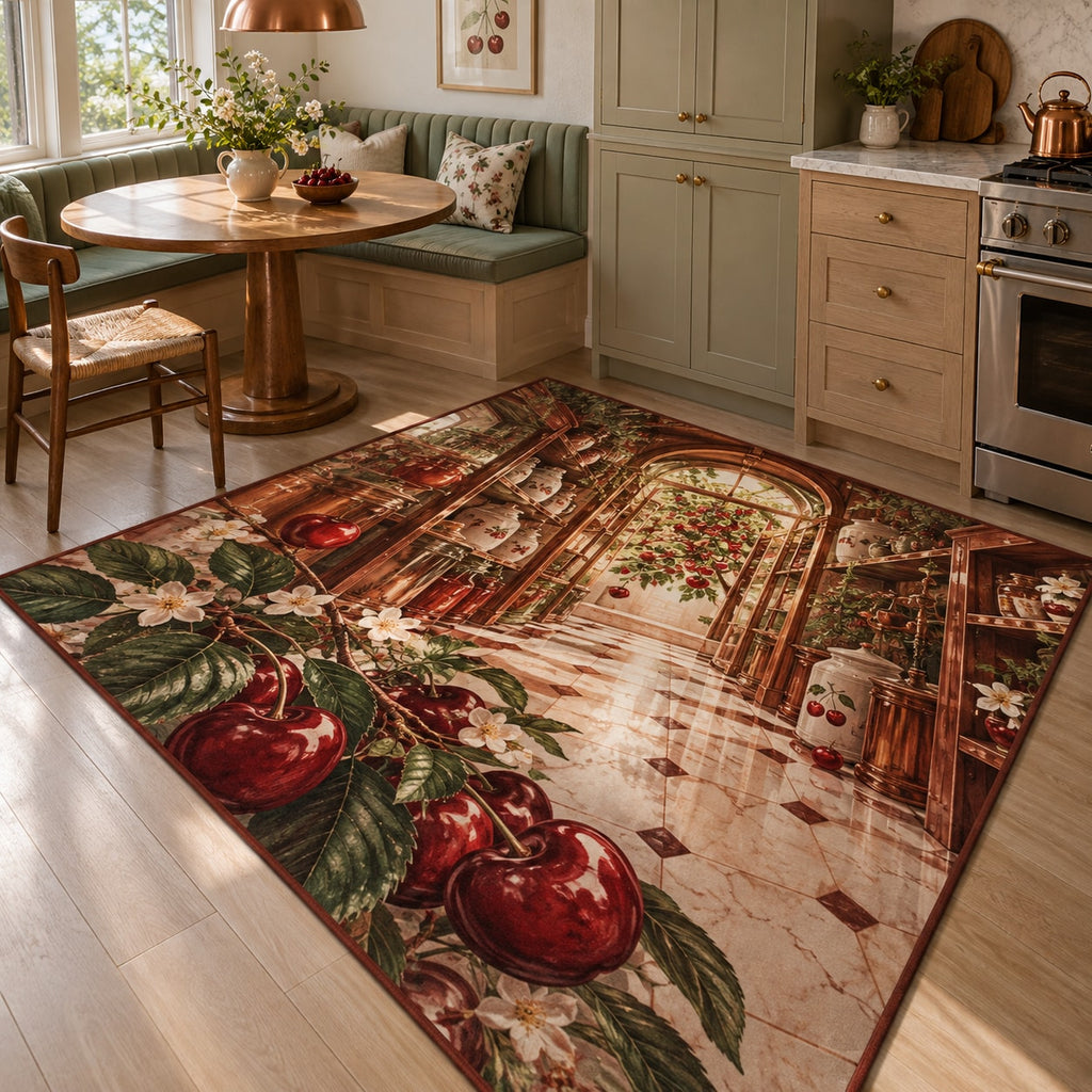 Cherry Kitchen Area Rug with dimensional printed themed artwork; representative AI-generated mockup.