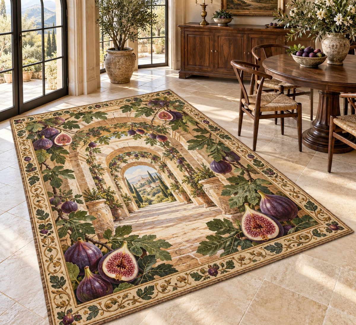 Fig Harvest Area Rug with dimensional printed themed artwork; representative AI-generated mockup.