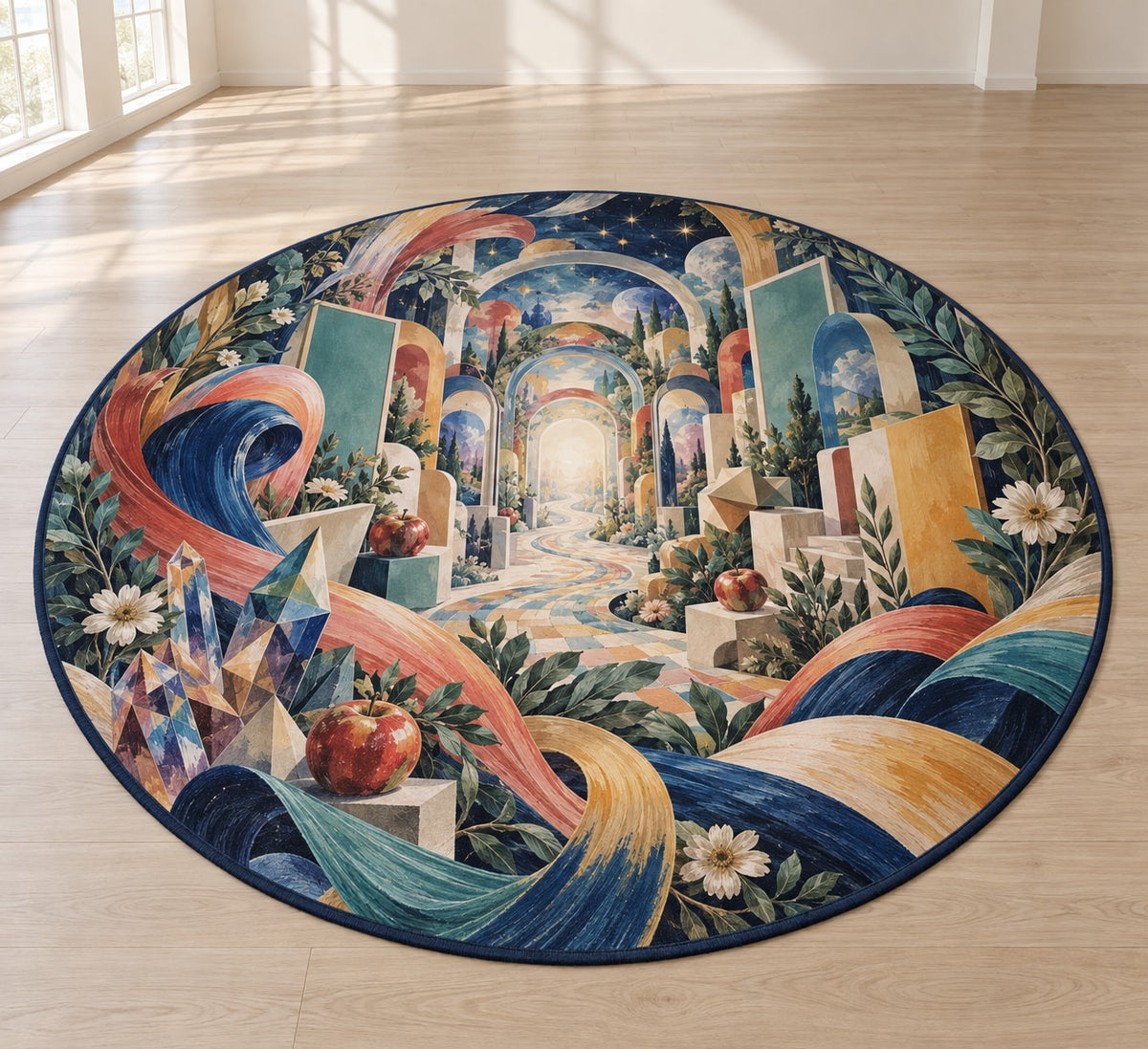 Chromatic Imagination Atelier Area Rug with dimensional printed themed artwork; representative AI-generated mockup.