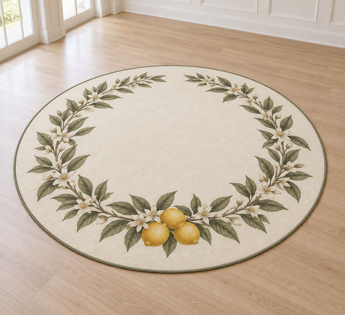 Citrus Garden Wedding Wreath Area Rug with dimensional printed themed artwork; representative AI-generated mockup.