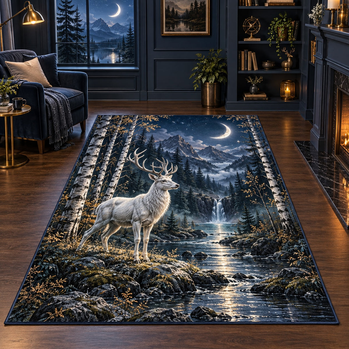 Moonlit White Stag Area Rug with dimensional printed themed artwork; representative AI-generated mockup.