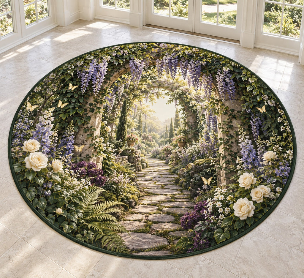 Retirement Garden Portal Area Rug with dimensional printed themed artwork; representative AI-generated mockup.
