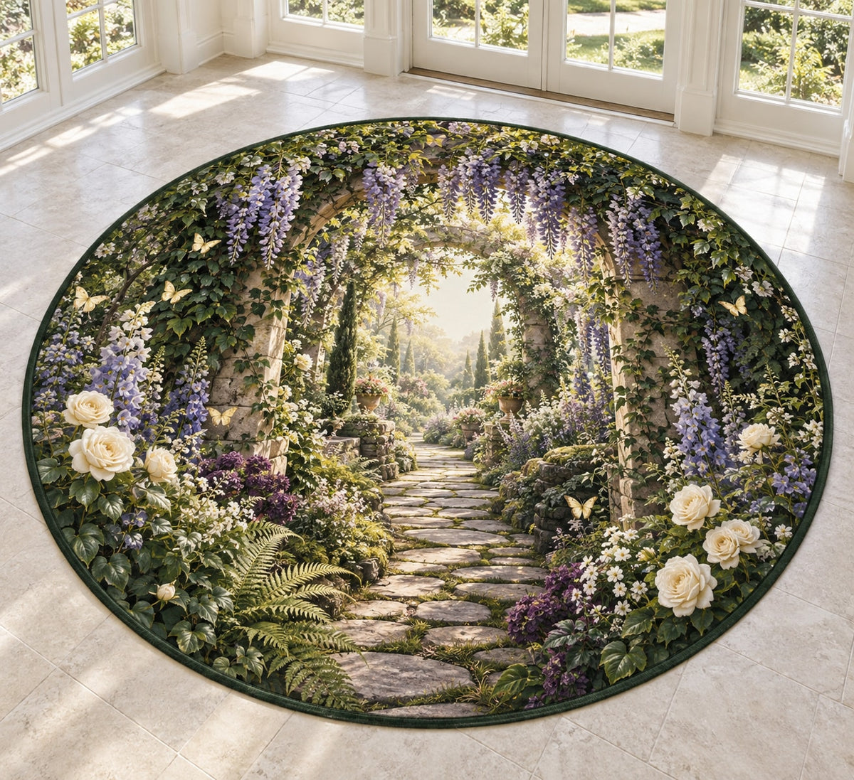 Retirement Garden Portal Area Rug with dimensional printed themed artwork; representative AI-generated mockup.