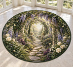 Retirement Garden Portal Area Rug with dimensional printed themed artwork; representative AI-generated mockup.