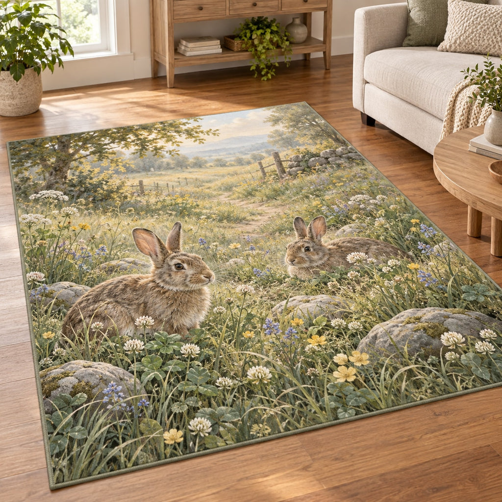 Rabbit Meadow Area Rug with dimensional printed themed artwork; representative AI-generated mockup.