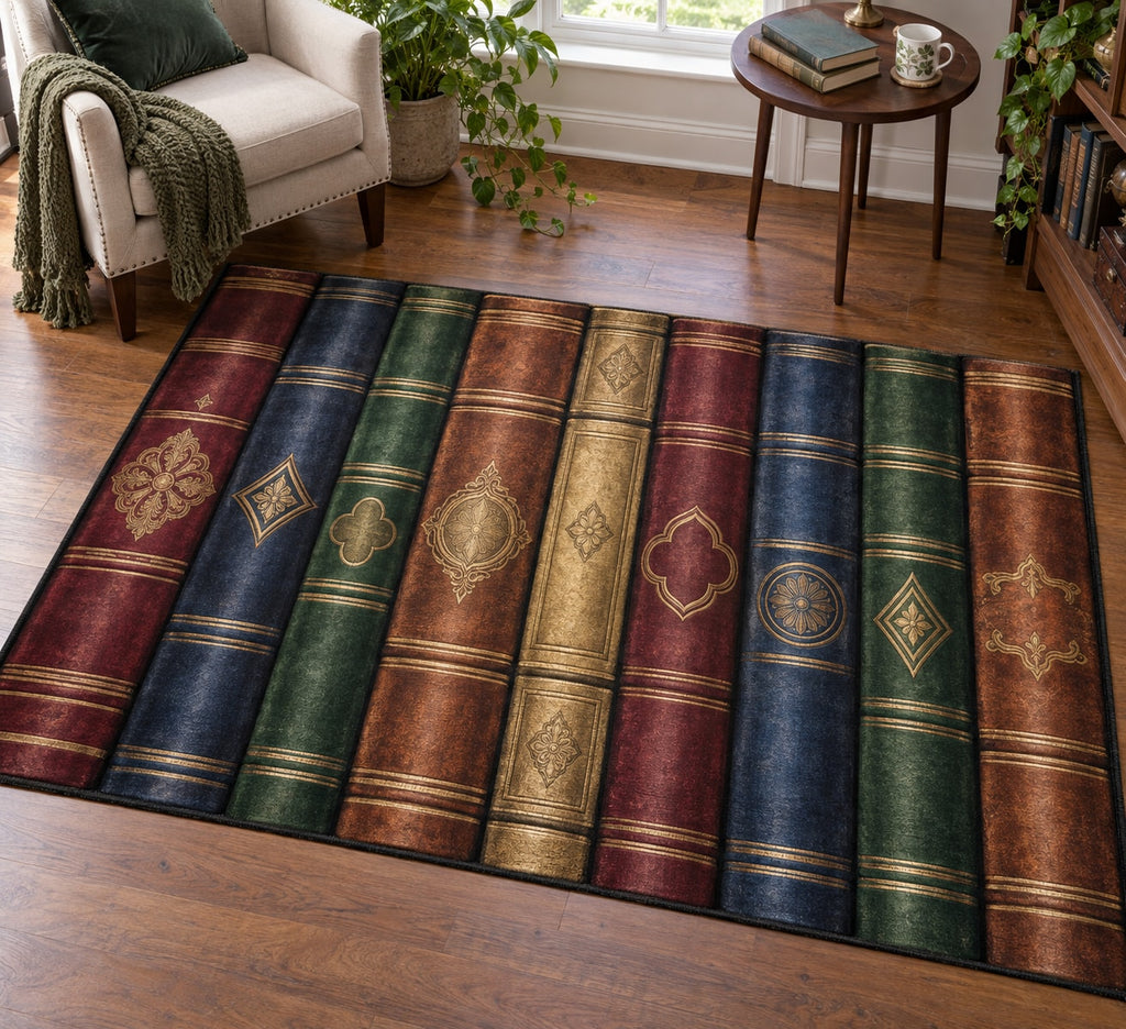 Anonymous Book Spines Area Rug with dimensional printed themed artwork; representative AI-generated mockup.