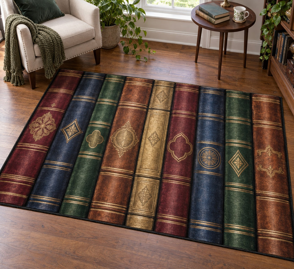 Anonymous Book Spines Area Rug with dimensional printed themed artwork; representative AI-generated mockup.