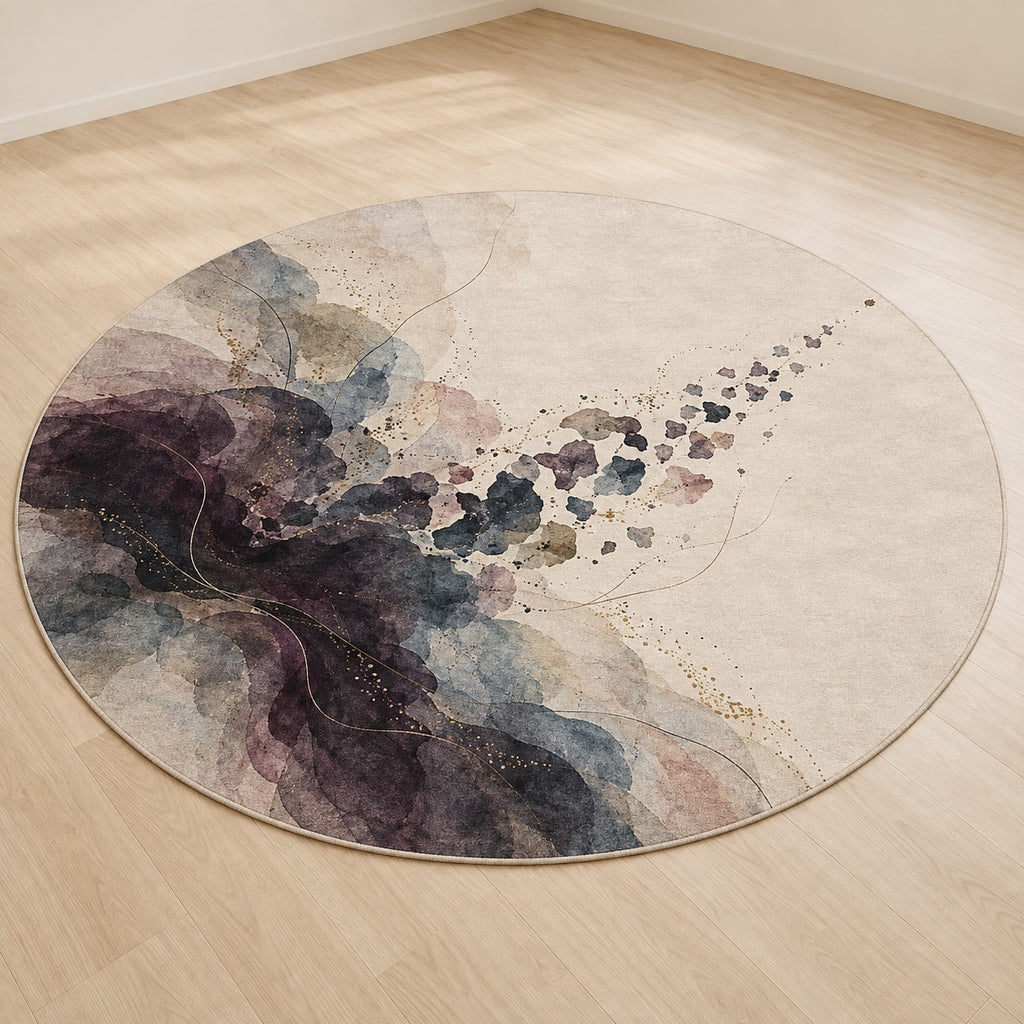 Quiet Margin Aurora Area Rug with dimensional printed themed artwork; representative AI-generated mockup.