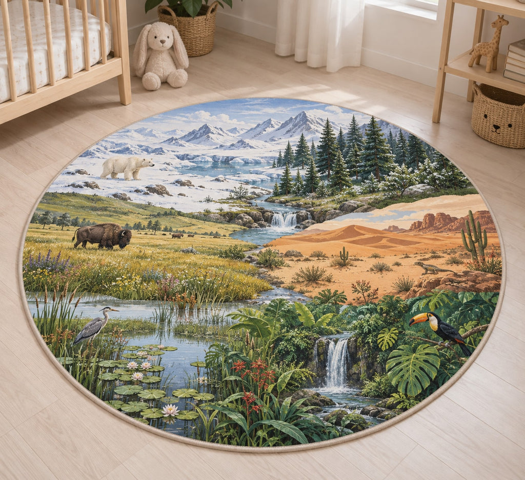 World Biomes Area Rug with dimensional printed themed artwork; representative AI-generated mockup.