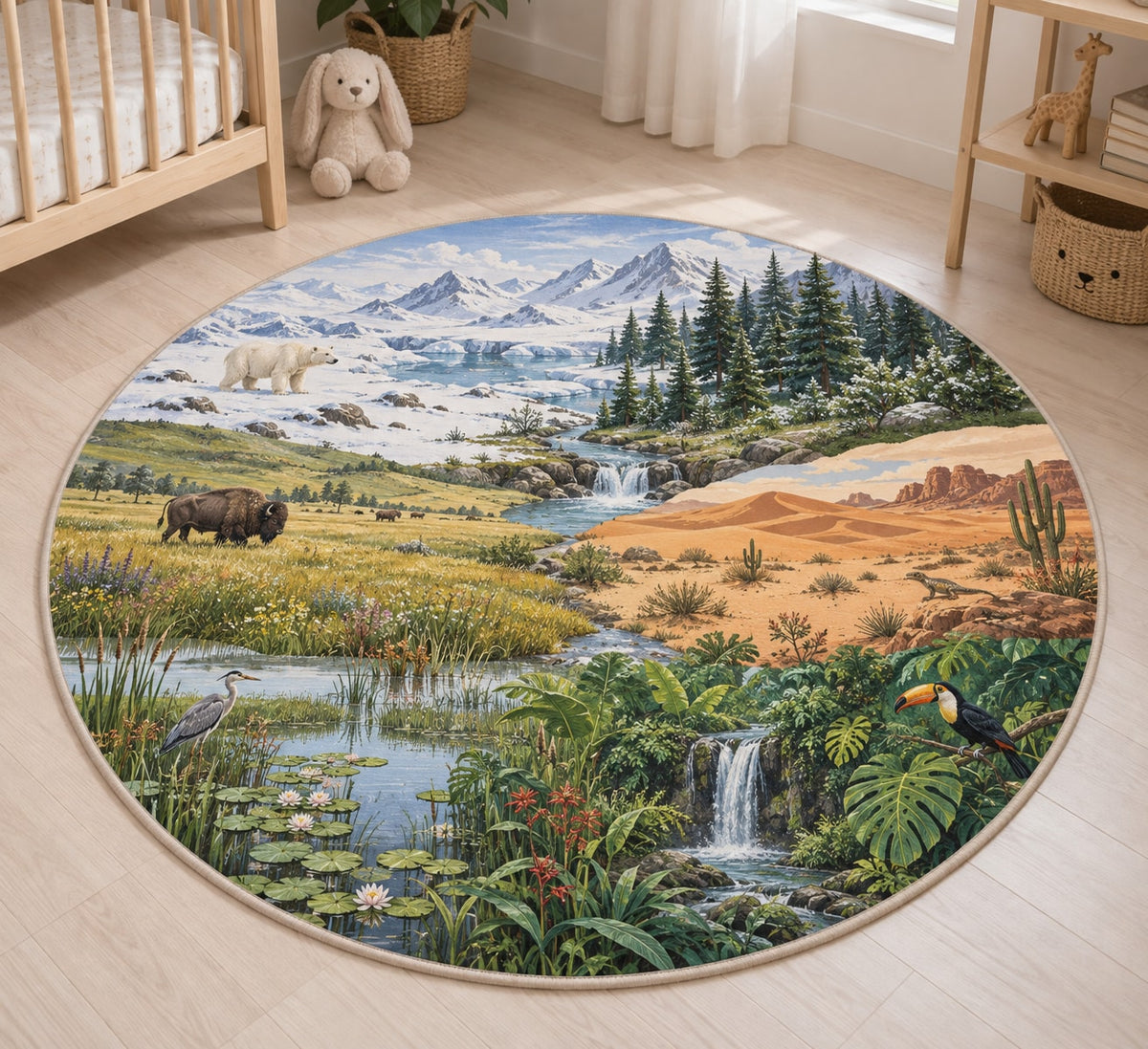 World Biomes Area Rug with dimensional printed themed artwork; representative AI-generated mockup.