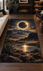 Solar Eclipse Area Rug with dimensional printed themed artwork; representative AI-generated mockup.
