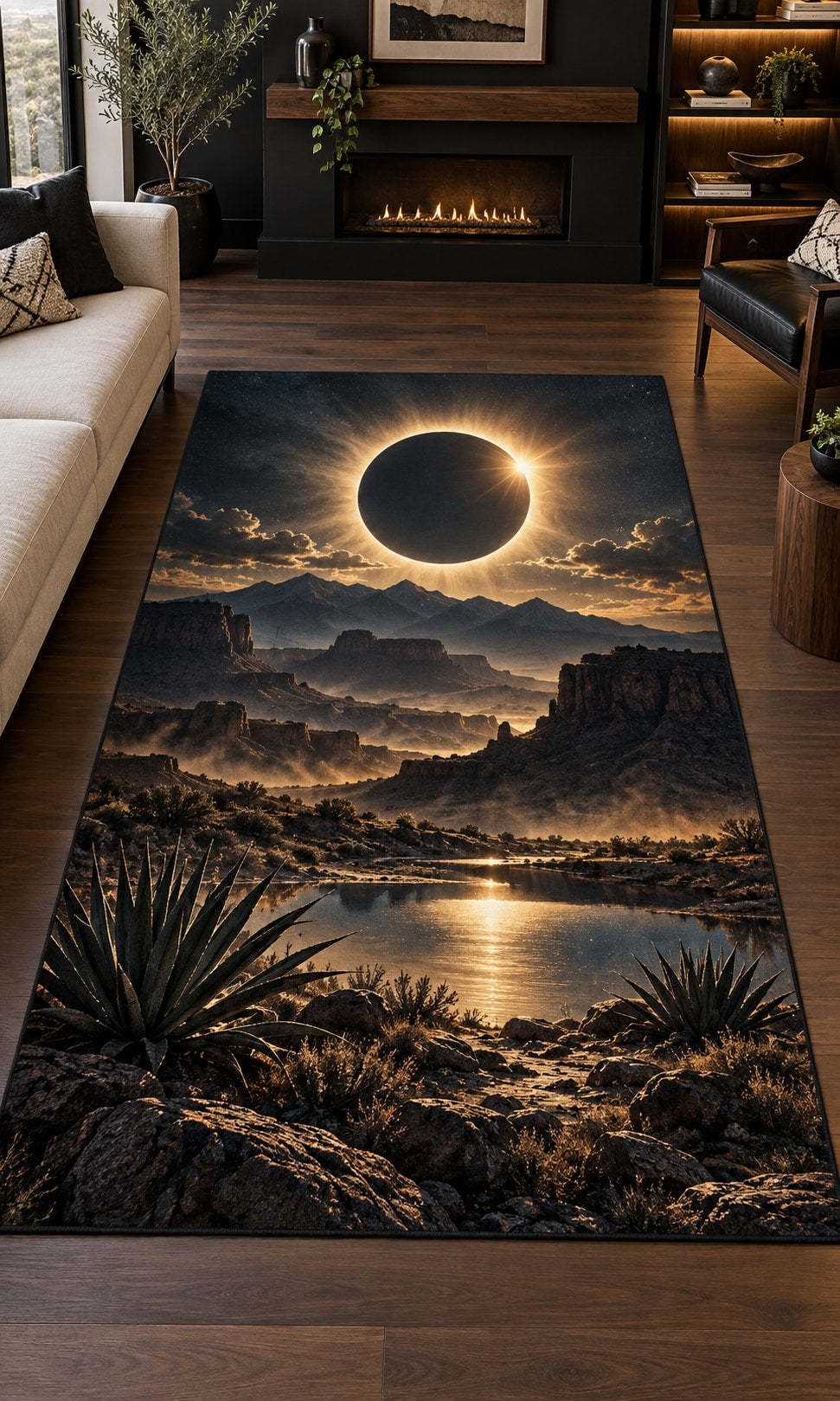 Solar Eclipse Area Rug with dimensional printed themed artwork; representative AI-generated mockup.