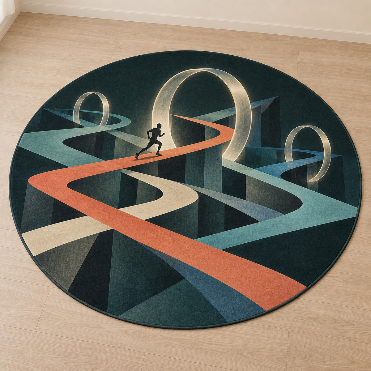Ridgepulse Strata Passage Area Rug with dimensional printed themed artwork; representative AI-generated mockup.