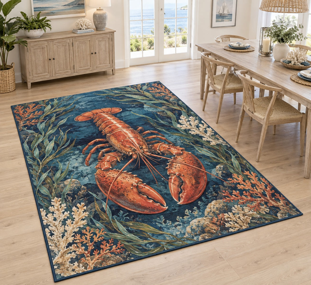 Lobster Coastal Kitchen Area Rug with dimensional printed themed artwork; representative AI-generated mockup.