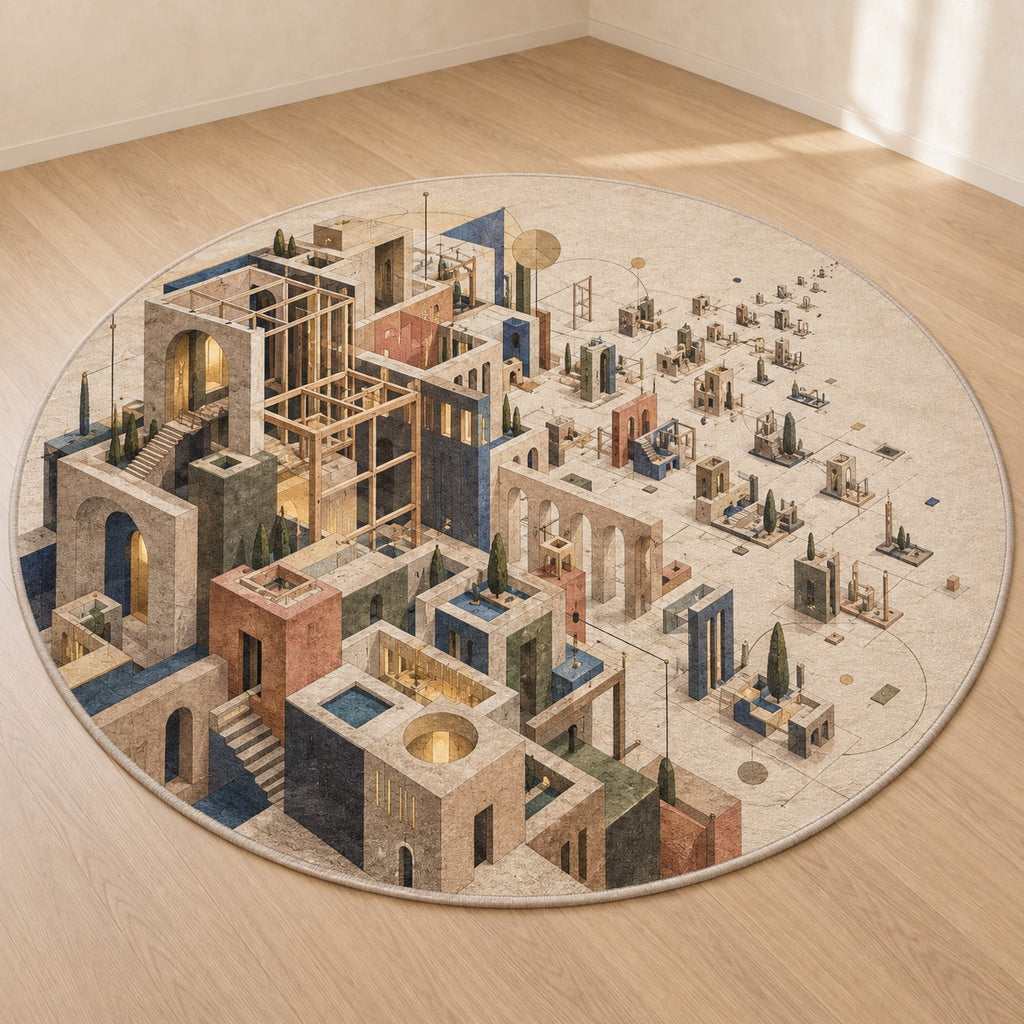 Pocket Atelier Parallax Area Rug with dimensional printed themed artwork; representative AI-generated mockup.