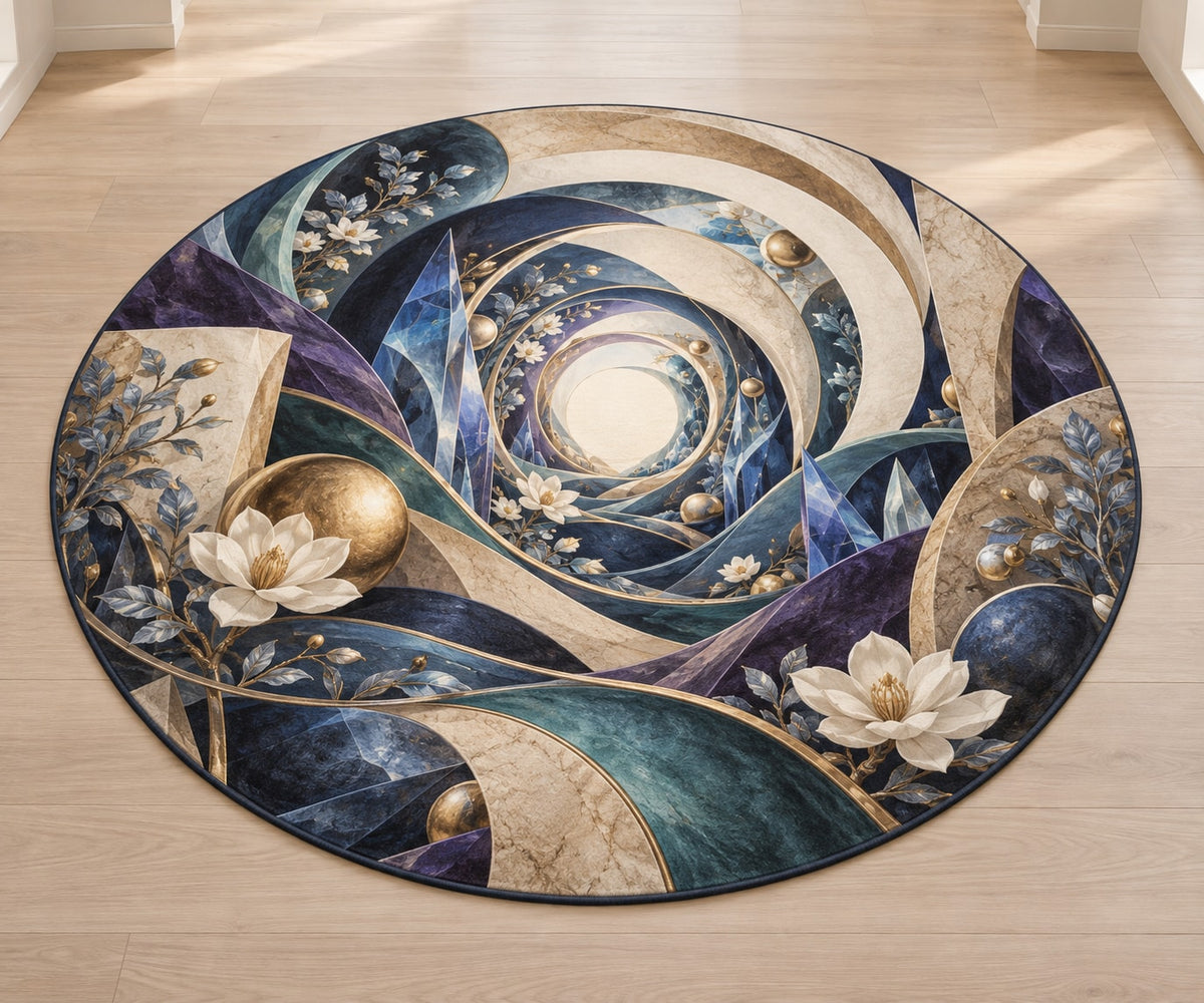Spatial Prism Atelier Area Rug with dimensional printed themed artwork; representative AI-generated mockup.