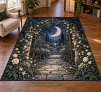 Moon Garden Gate Area Rug with dimensional printed themed artwork; representative AI-generated mockup.