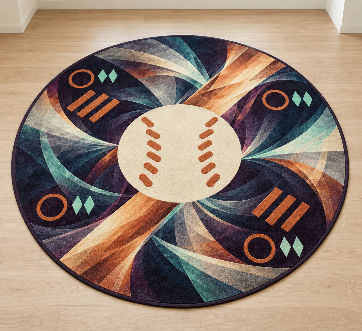 Diamond Dusk Rally Area Rug with dimensional printed themed artwork; representative AI-generated mockup.