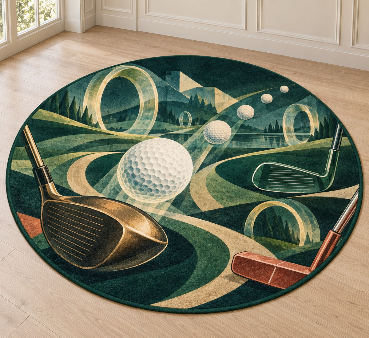 Verdant Pinflight Observatory Area Rug with dimensional printed themed artwork; representative AI-generated mockup.