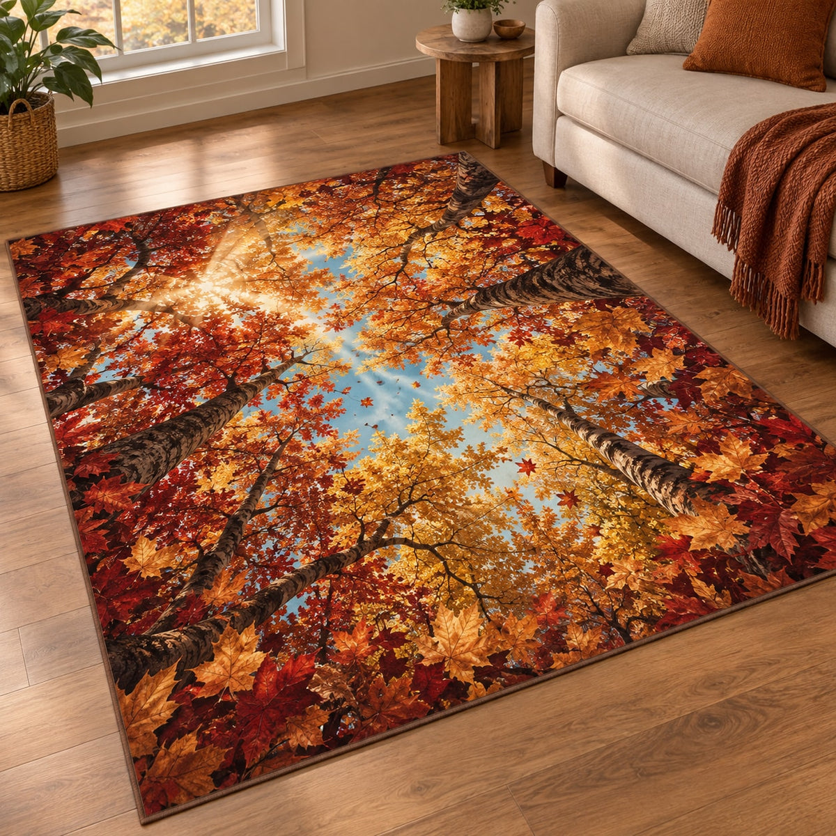 Autumn Forest Canopy Area Rug with dimensional printed themed artwork; representative AI-generated mockup.