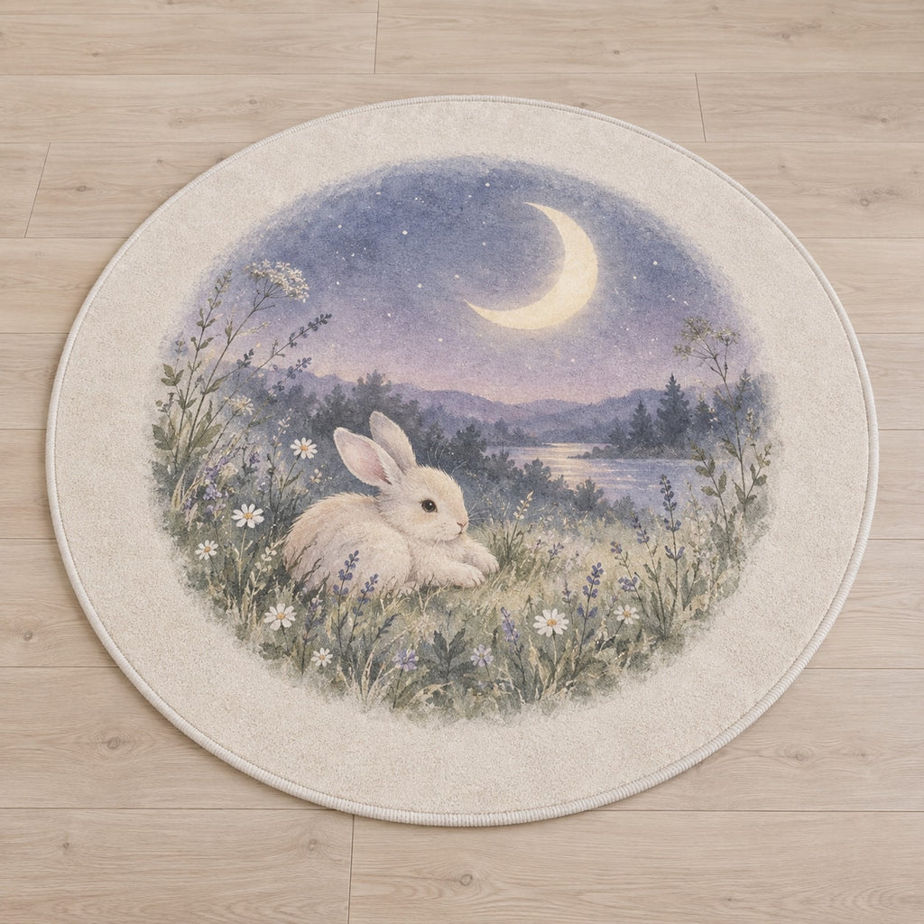 Bunny Moon Meadow Area Rug with dimensional printed themed artwork; representative AI-generated mockup.