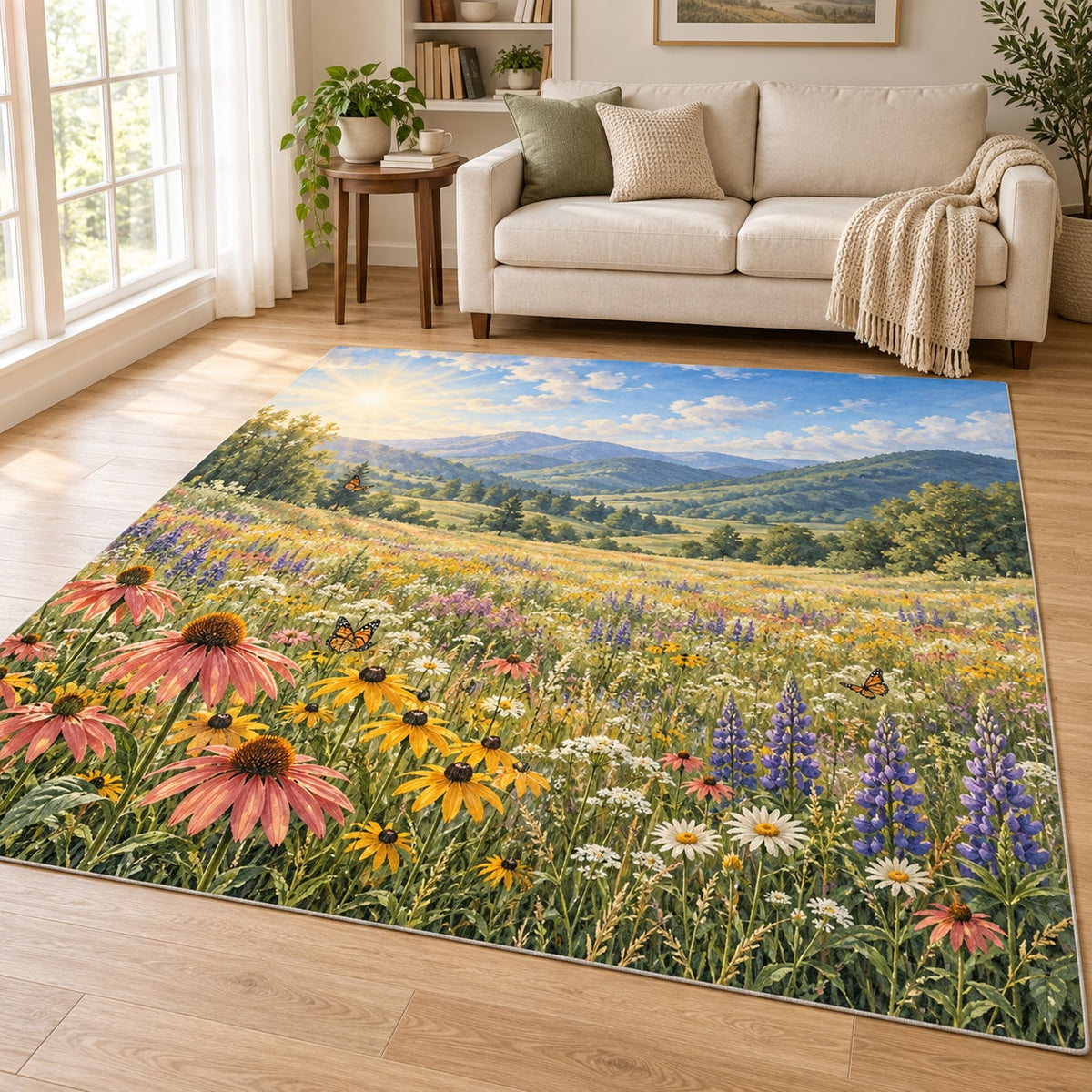 Wildflower Meadow Area Rug with dimensional printed themed artwork; representative AI-generated mockup.