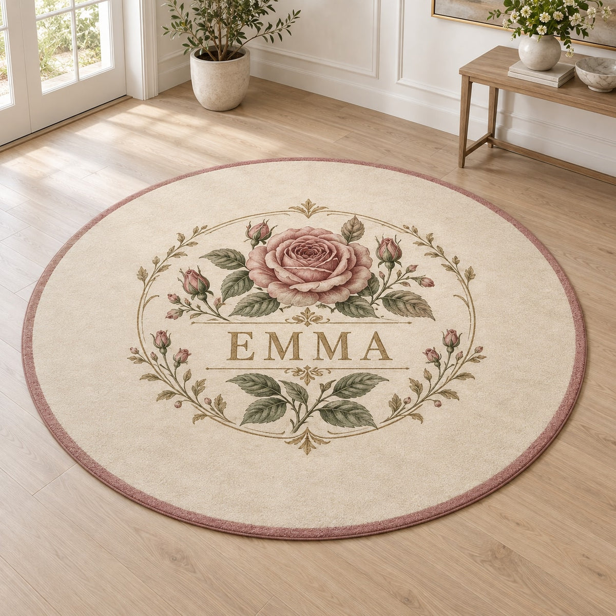 Single Name Birth Flower Area Rug with dimensional printed themed artwork; representative AI-generated mockup.