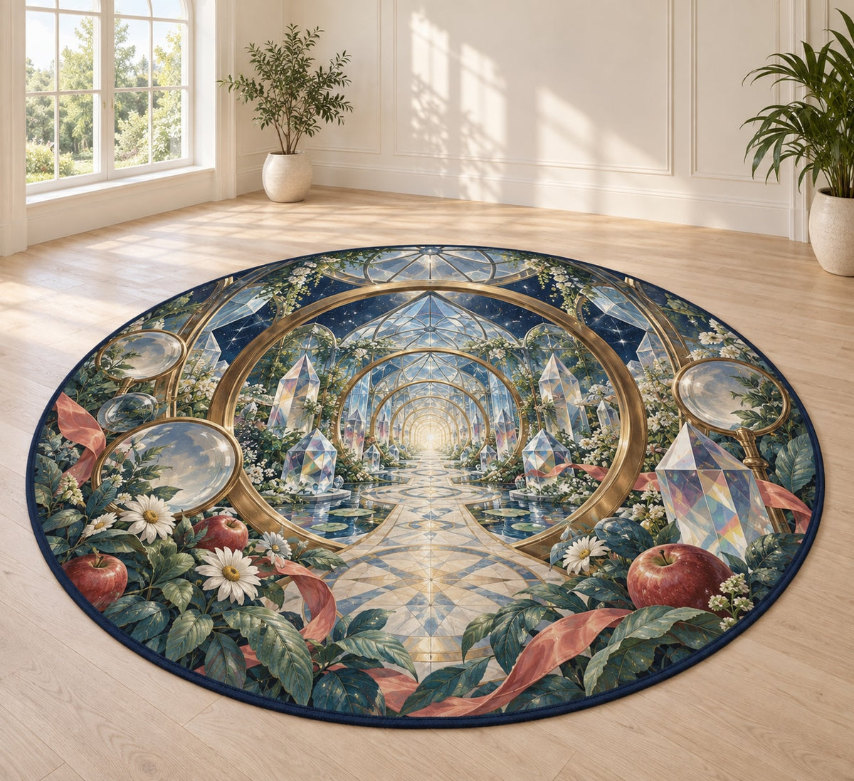 Prismatic Discovery Conservatory Area Rug with dimensional printed themed artwork; representative AI-generated mockup.