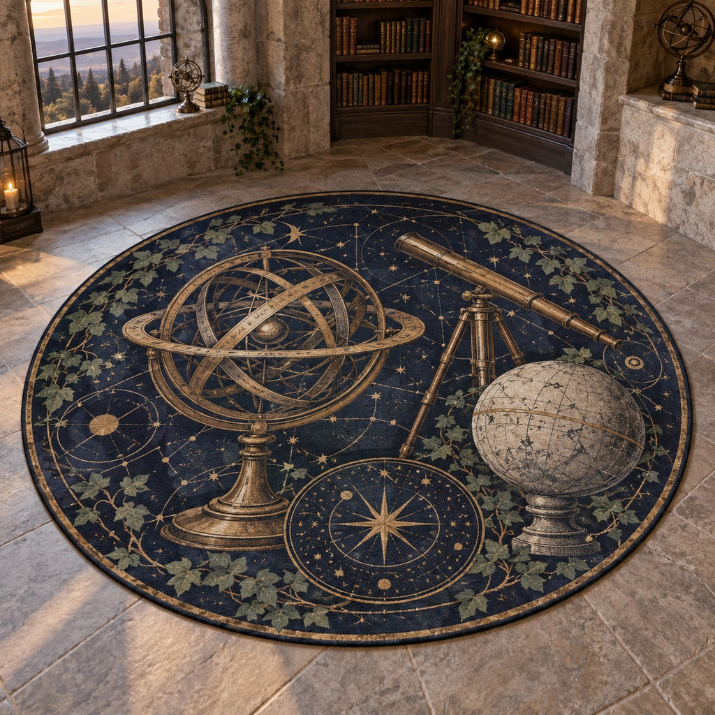 Ancient Observatory Area Rug with dimensional printed themed artwork; representative AI-generated mockup.