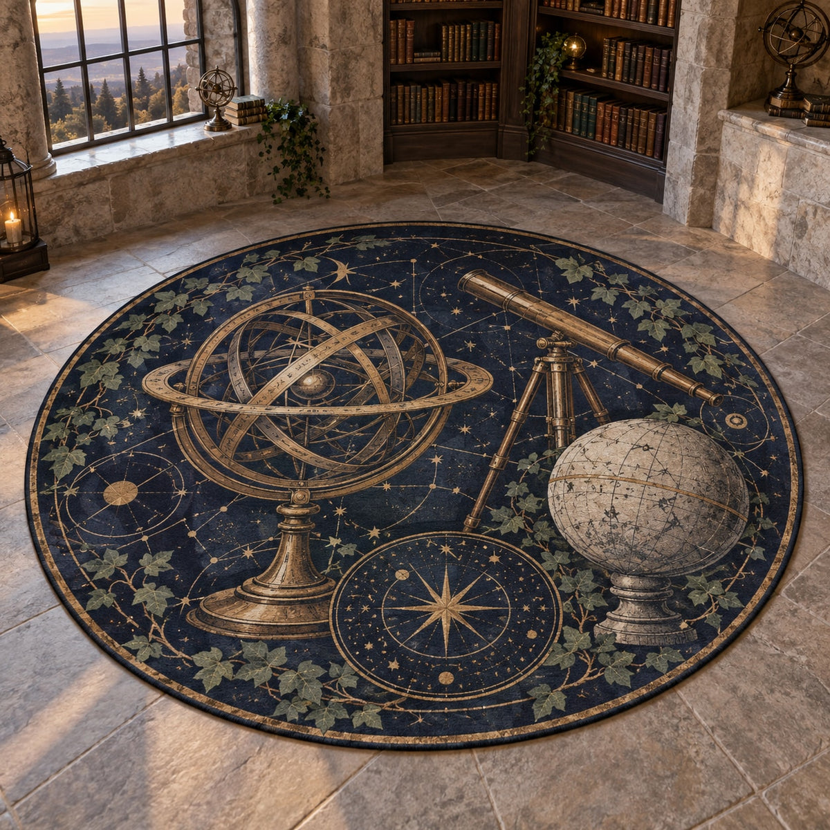 Ancient Observatory Area Rug with dimensional printed themed artwork; representative AI-generated mockup.