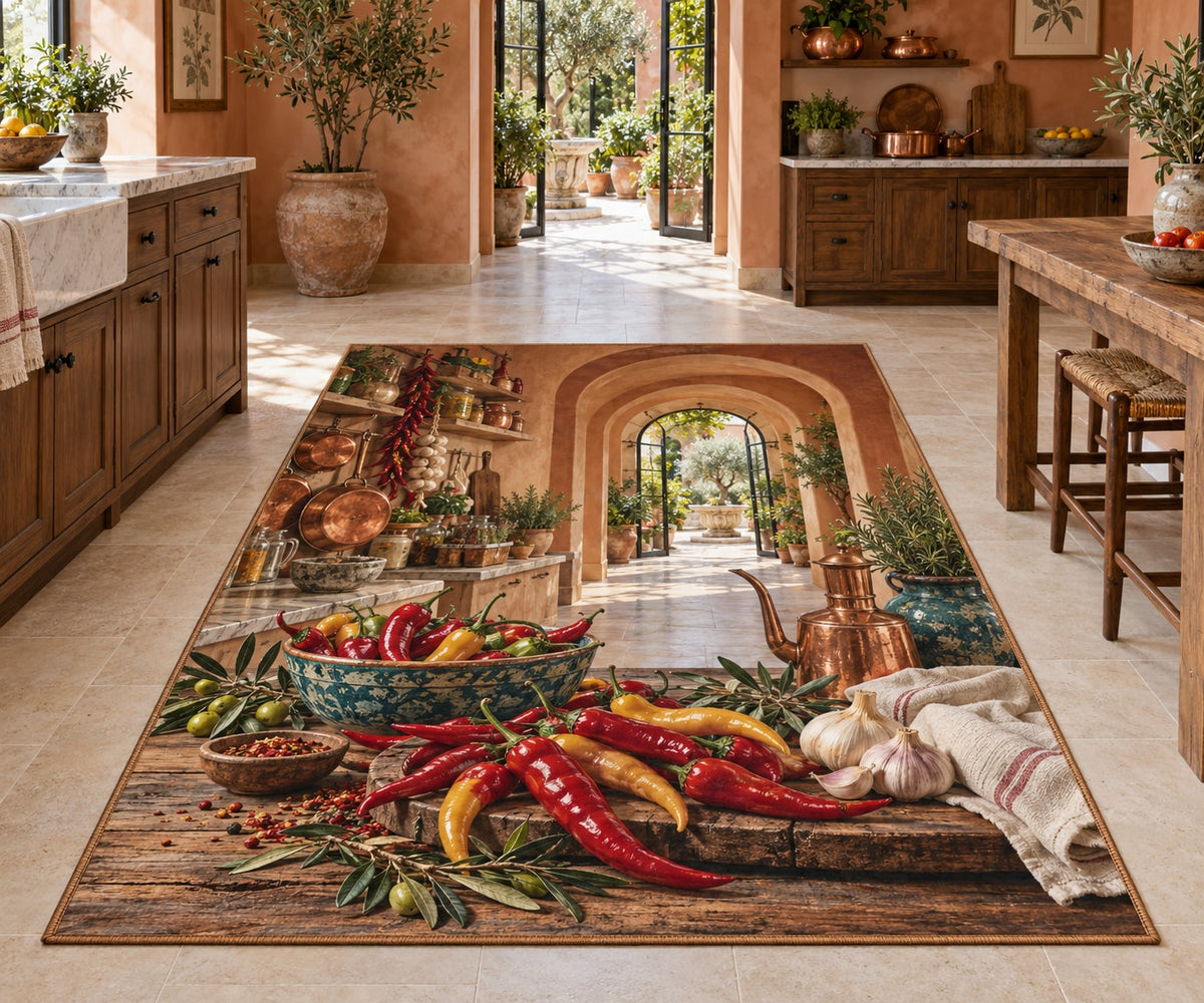 Chili Pepper Kitchen Area Rug with dimensional printed themed artwork; representative AI-generated mockup.