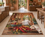 Chili Pepper Kitchen Area Rug with dimensional printed themed artwork; representative AI-generated mockup.