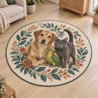 Multi Pet Household Area Rug with dimensional printed themed artwork; representative AI-generated mockup.