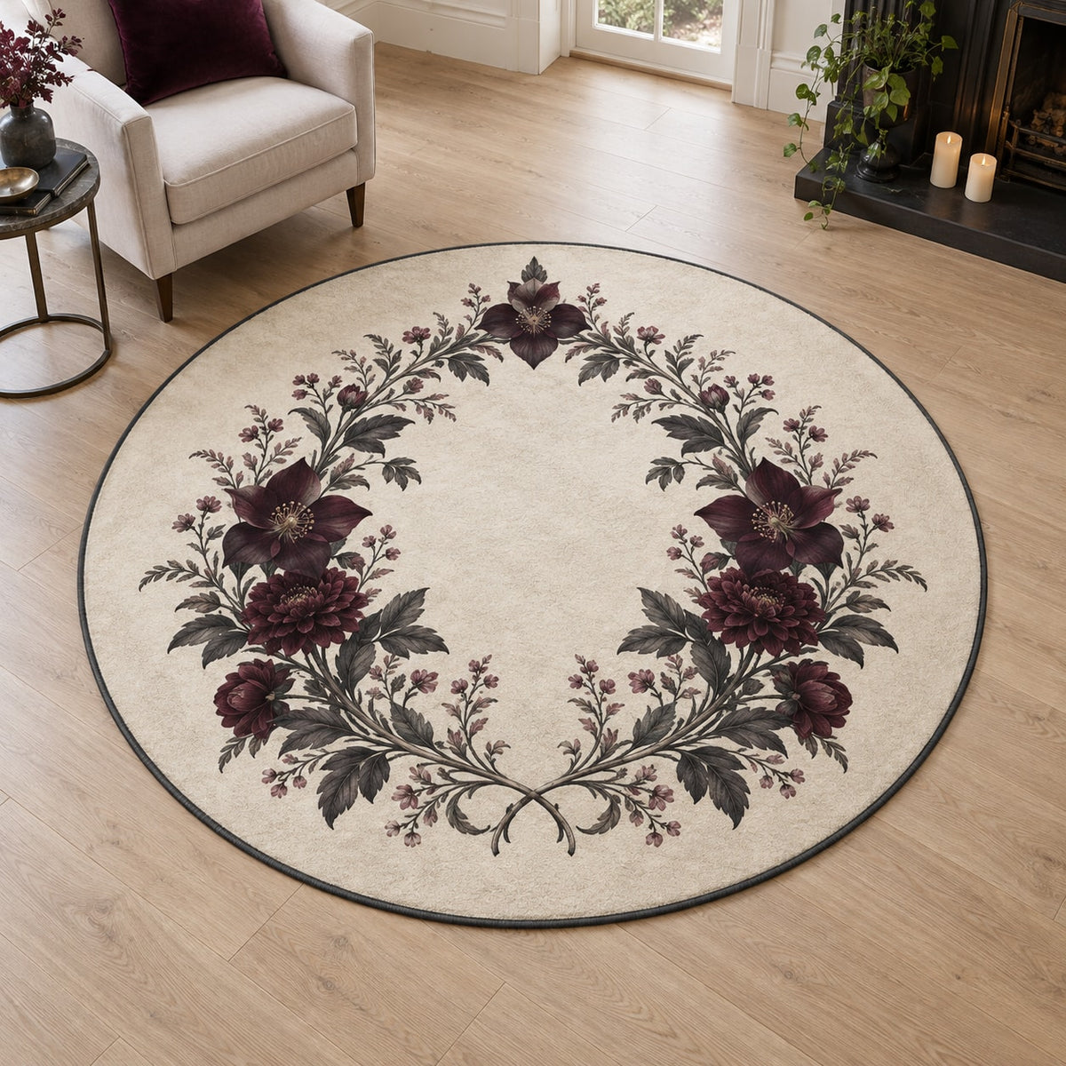 Gothic Botanical Wedding Area Rug with dimensional printed themed artwork; representative AI-generated mockup.