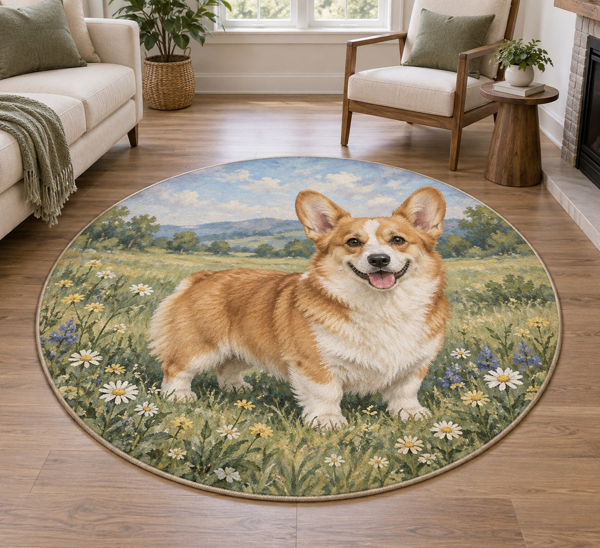 Corgi Area Rug with dimensional printed themed artwork; representative AI-generated mockup.