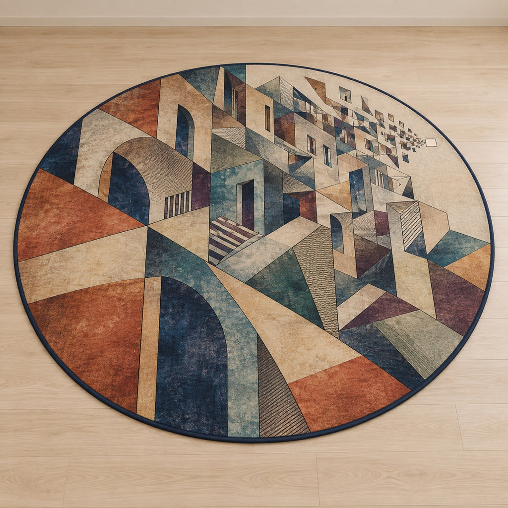 Inkline Cityfold Area Rug with dimensional printed themed artwork; representative AI-generated mockup.