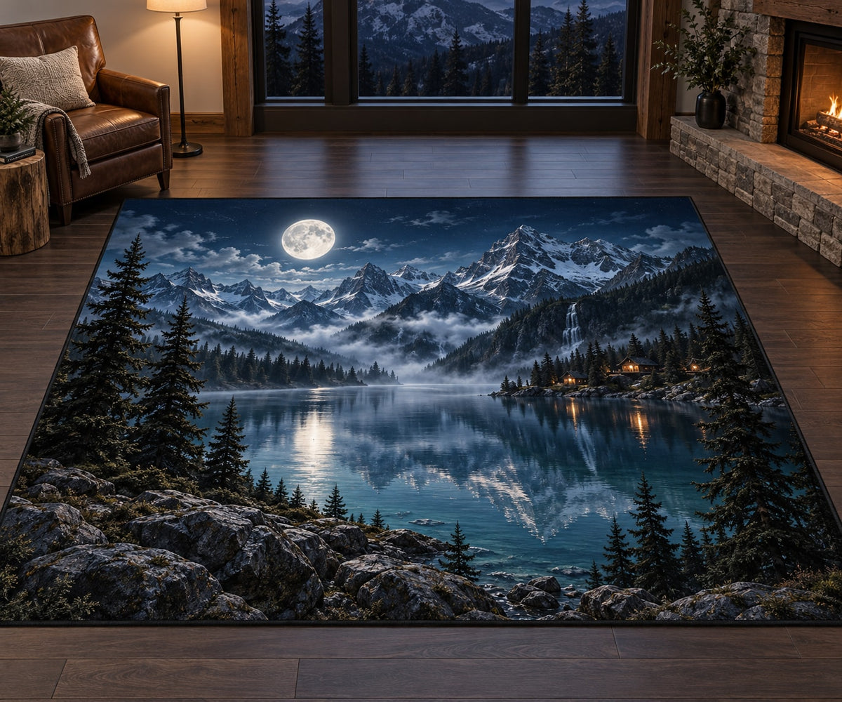 Moon Mountain Landscape Area Rug with dimensional printed themed artwork; representative AI-generated mockup.