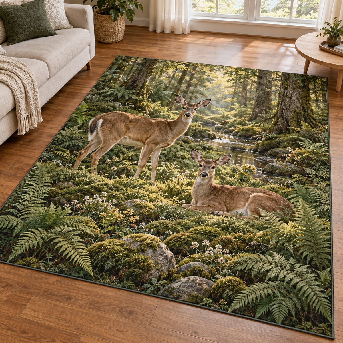 Deer and Ferns Area Rug with dimensional printed themed artwork; representative AI-generated mockup.
