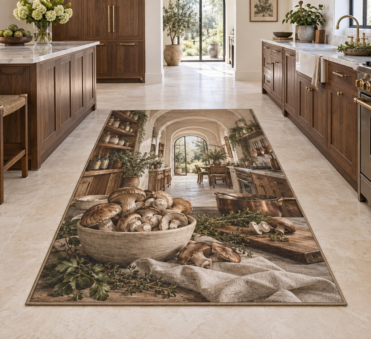 Mushroom Kitchen Study Area Rug with dimensional printed themed artwork; representative AI-generated mockup.
