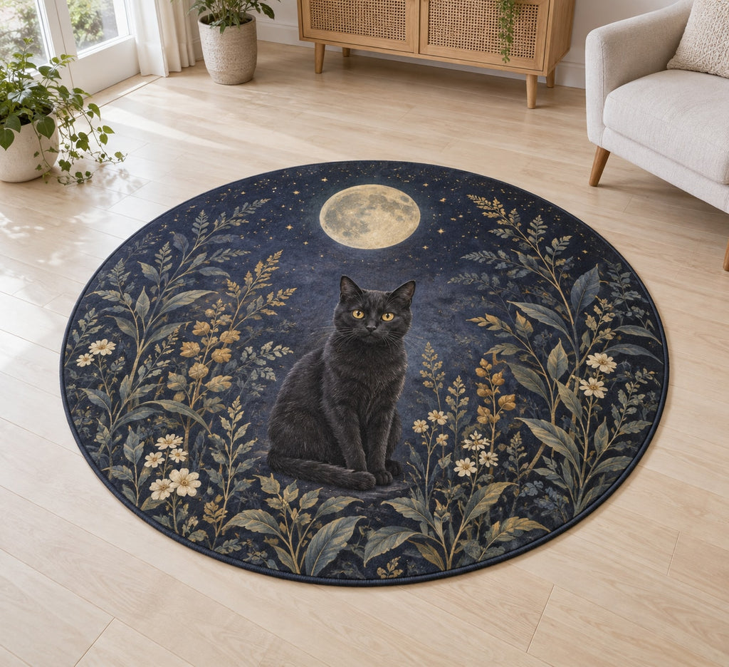 Black Cat Companion Area Rug with dimensional printed themed artwork; representative AI-generated mockup.
